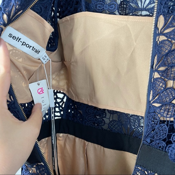 Self Portrait blue navy ruffle guipure mini cocktail dress size 2 - Picture 12 of 14